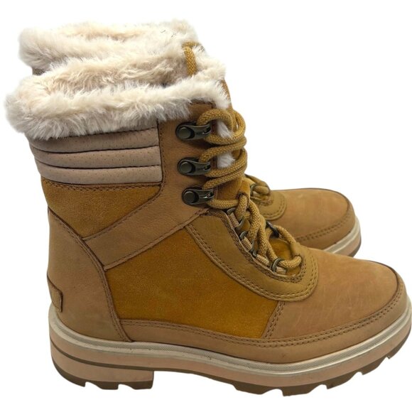 SOREL Lennox Lace Up Cozy Faux Fur Waterproof Boot 5.5 Combat Heeled Tan Cream - Picture 2 of 13